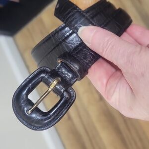 Vtg HARKEN Black Leather Skinny 3/4" Belt and Buckle - M (28.5-32.5)